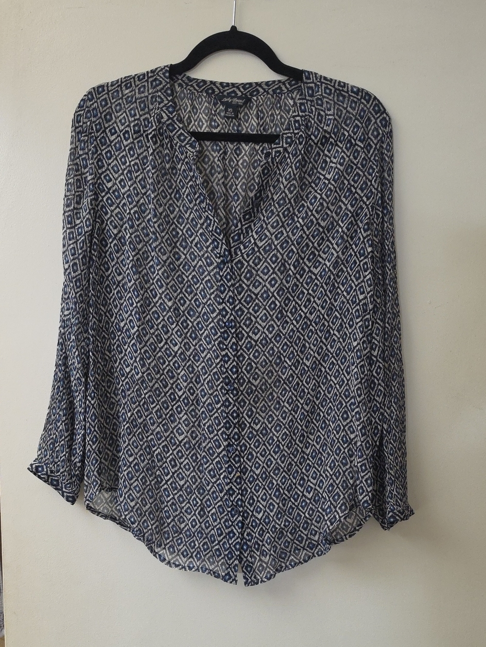 Lucky Brand Navy & White Geometric Button-Front, Sheer Blouse Size XS